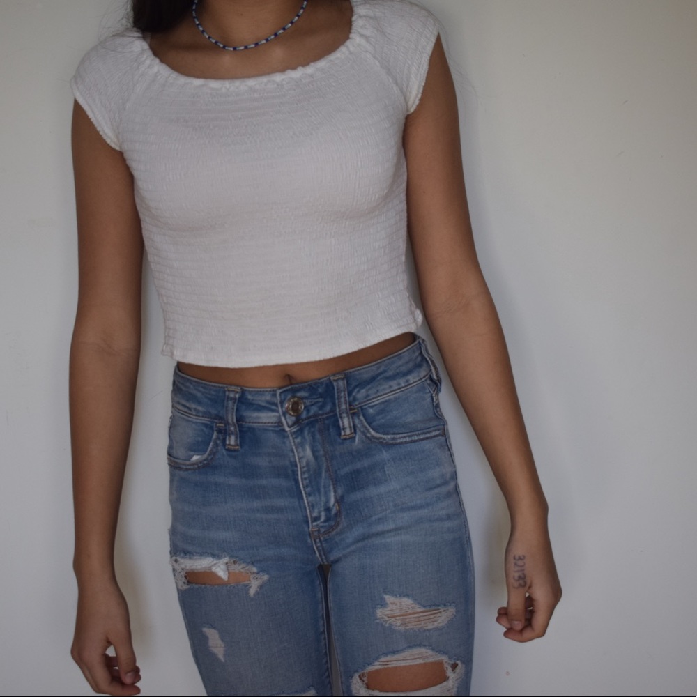 Brandy Melville off the shoulder white ribbed top